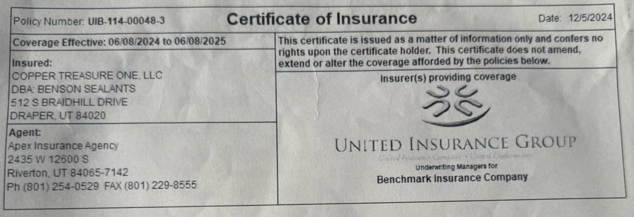 Professional Liability Insurance Certificate